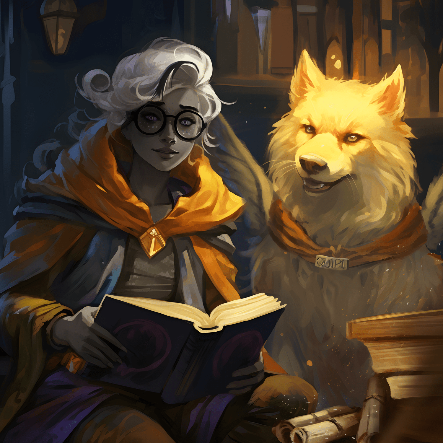 Custom D&D character portrait featuring a wise gnome wizard with silver hair and round glasses, studying an ancient tome alongside a golden-furred magical companion