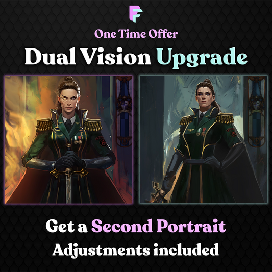Advertisement for a 'Dual Vision Upgrade' with two portraits of a character in ornate clothing.