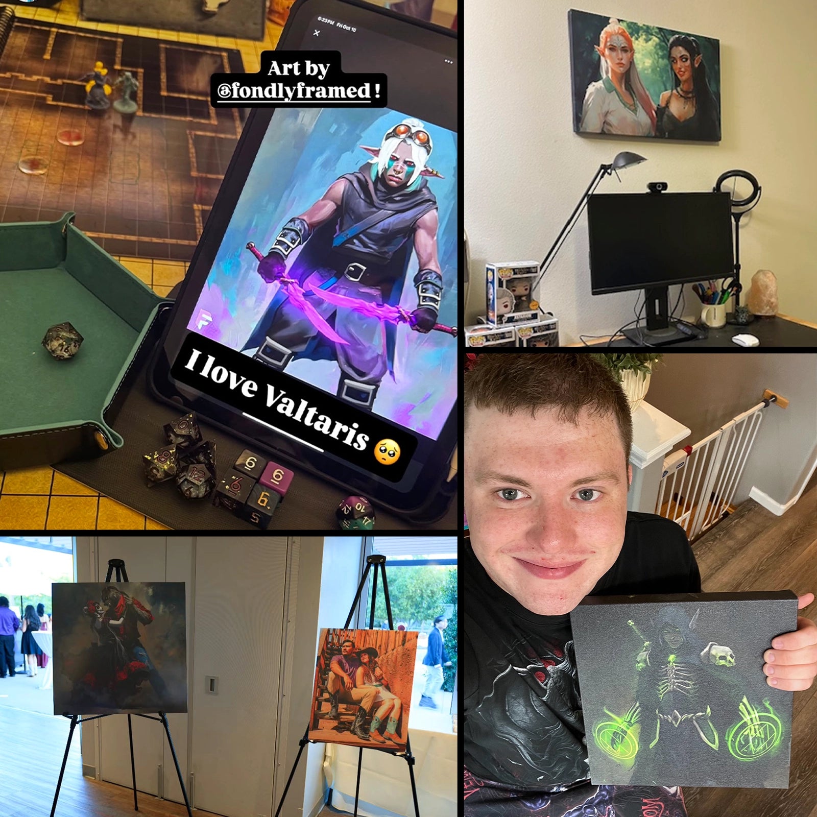 Collage of images including fondlyframed artwork, a person holding a glowing poster, and various artworks on easels.