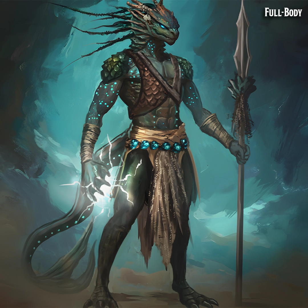 Fantasy creature with dragon-like features, holding a spear and glowing energy, in a mystical setting.
