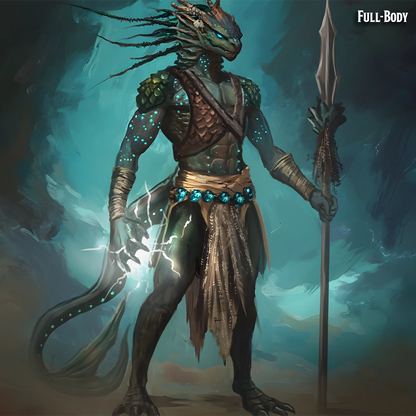 Fantasy creature with dragon-like features, holding a spear and glowing energy, in a mystical setting.