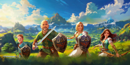 xample of custom fantasy portrait: Group of four reimagined as heroic adventurers with swords, shield, and bow in a scenic mountain landscape.