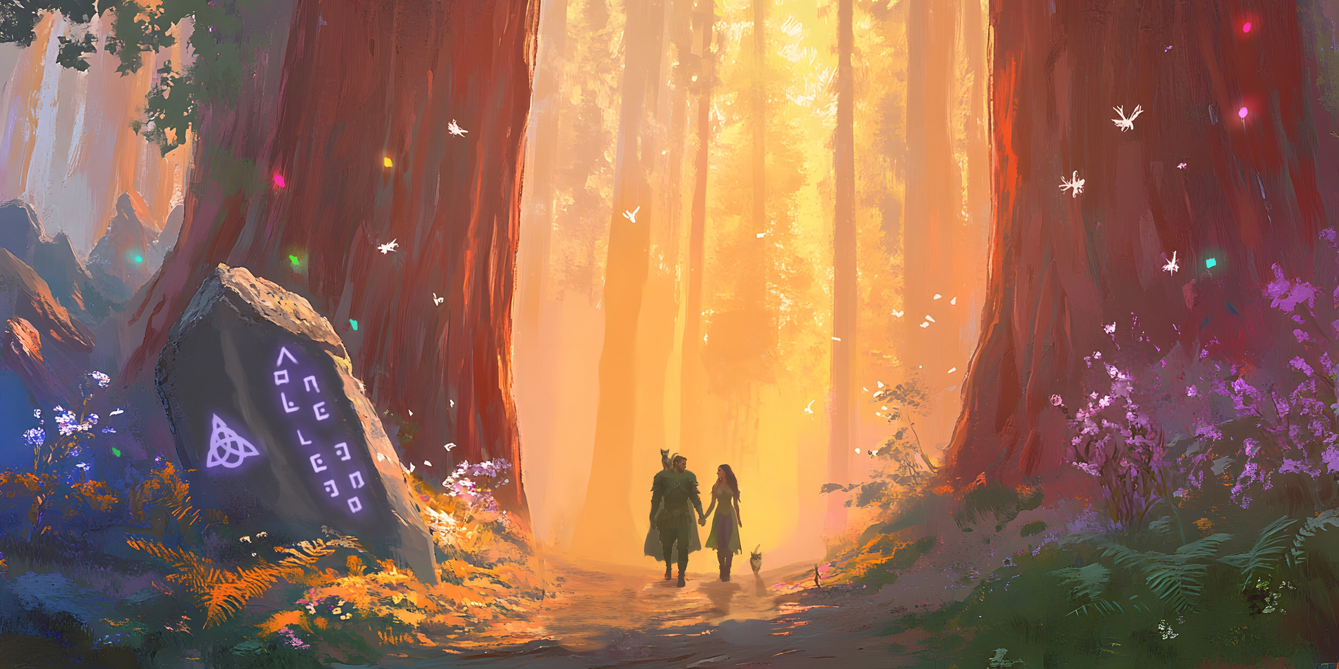 Two people walking through a magical forest with glowing trees and a mystical tent.