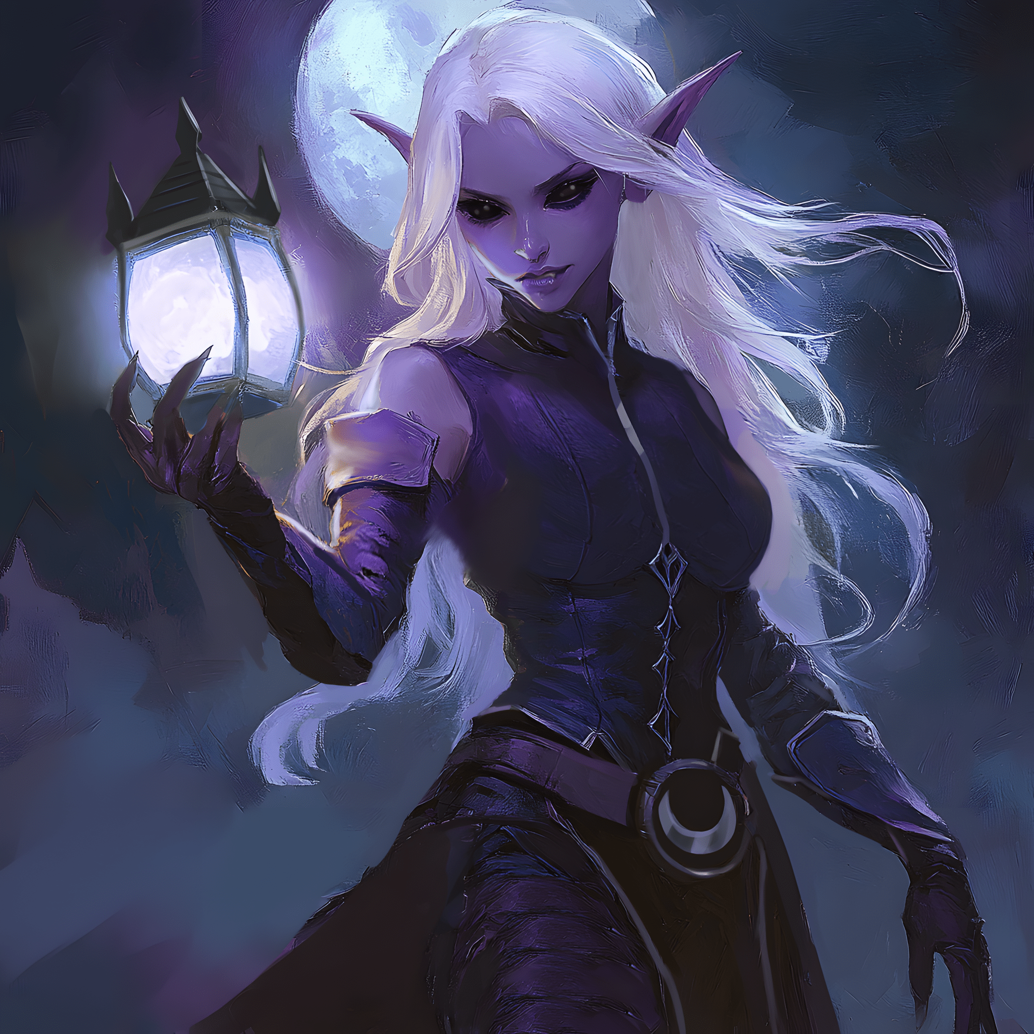 Fantasy character portrait of a fey lunar elf warlock, purple-skinned elf woman holding a glowing lantern, with long flowing white hair, set against a moonlit dark background